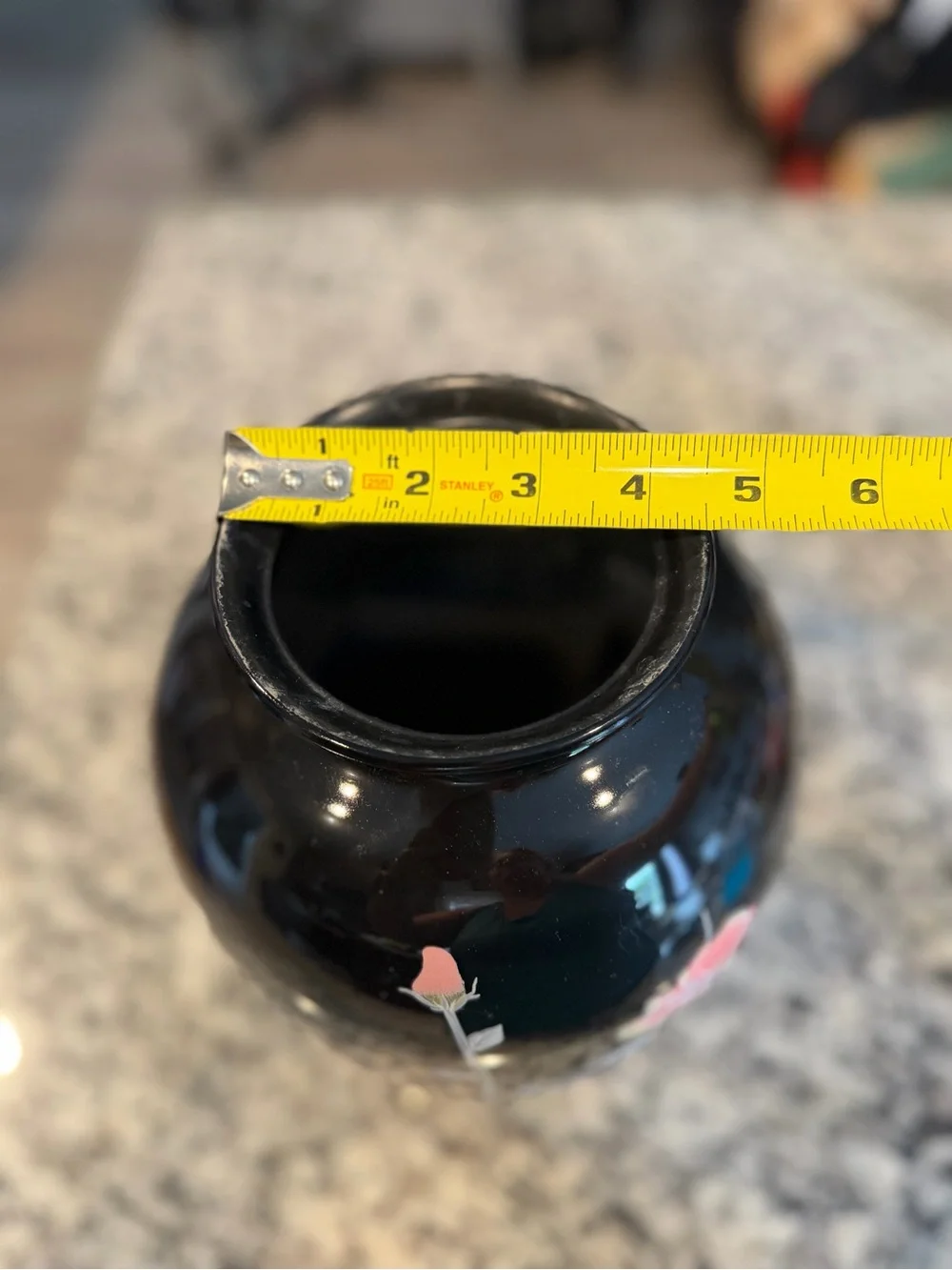 Black Floral Ceramic Vase with Pink Roses